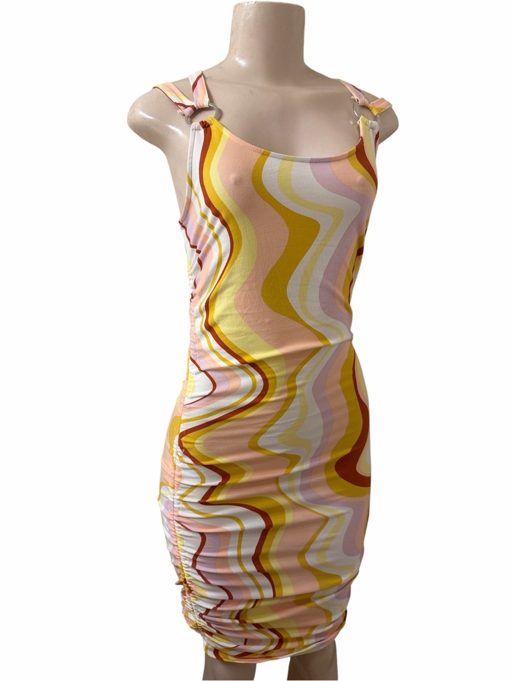 Sleeveless Wave-Print Bodycon Dress in Yellow & Peach